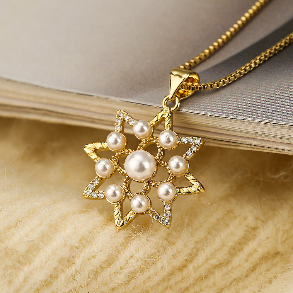 Minimalist Geometric Star Pendant Necklace in Copper with Zircon and Pearl Accents for Women