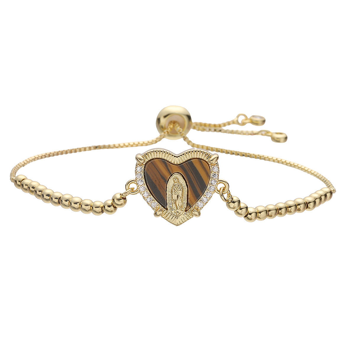 Gold Plated Brass Heart Bracelet with Cubic Zirconia and Virgin Mary Charm for Women