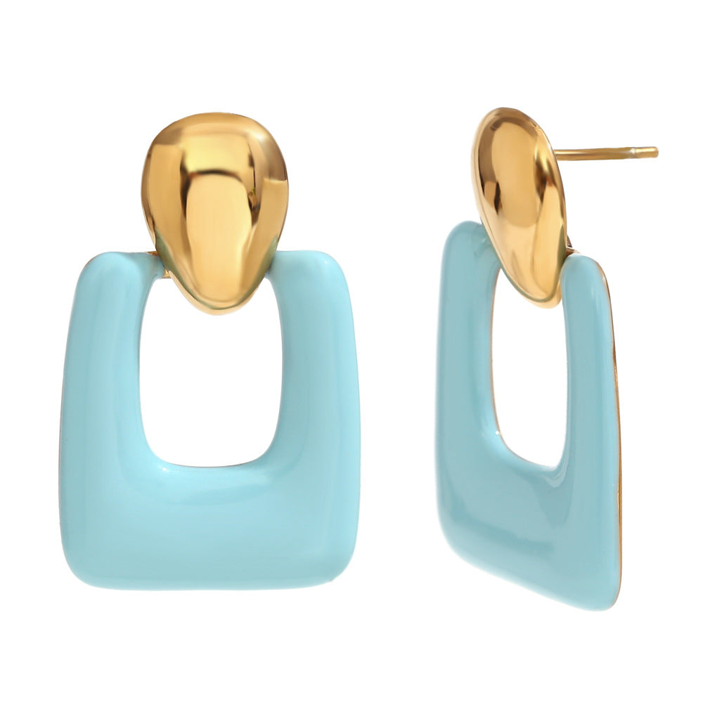 Fashionable Minimalist Geometric Stainless Steel Earrings with 18K Gold Plating and Enamel Coloring