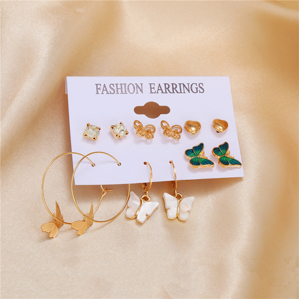 Bohemian Minimalist Butterfly and Heart Acrylic Rhinestone Stud Earrings Set Alloy Plated