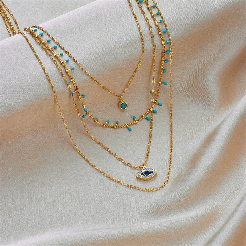 Collana con Pendente Vintage Moda Irregolare Geometrico Turchese e Strass in Acciaio al Titanio con Finitura Placcata per Donna