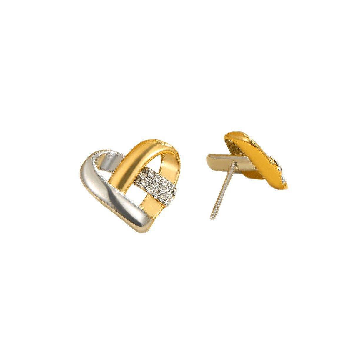 Pendientes de botón minimalistas de acero inoxidable con forma de corazón y incrustaciones de diamantes de imitación para mujer