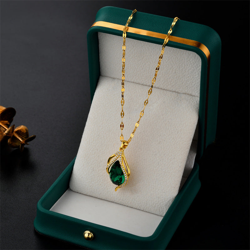 Collana in Acciaio al Titanio a Goccia Stile Naturale con Intarsi di Cristallo e Motivo a Concha