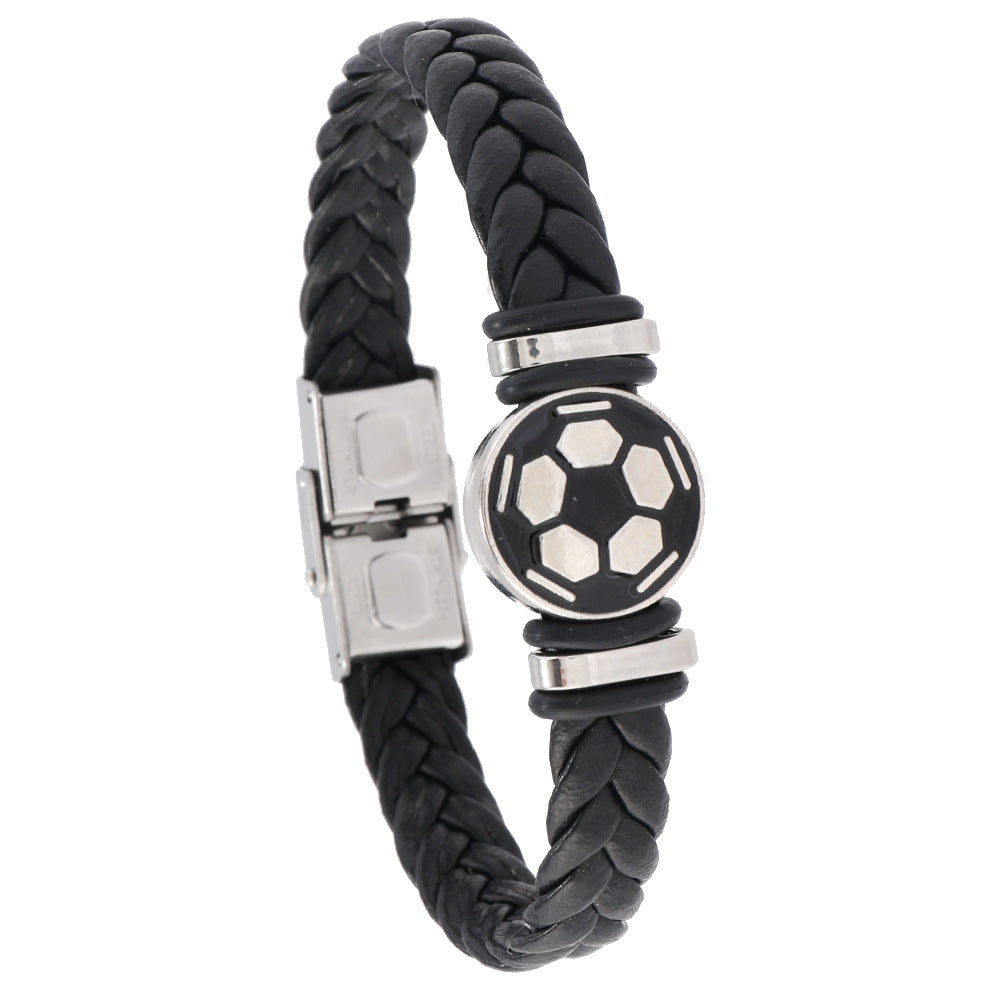 Pulsera unisex de cuero con diseño geométrico pulido y elemento luminoso de balón de fútbol