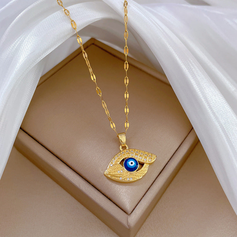 Collana Pendente Minimalista Geometrica a Occhio di Allah per Donna e Uomo in Acciaio al Titanio con Intarsio di Strass e Delicata Catena a Serpente