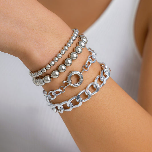 Punk Geometric Round Ball Multi-layer Chain Plated Alloy Bracelet for Women