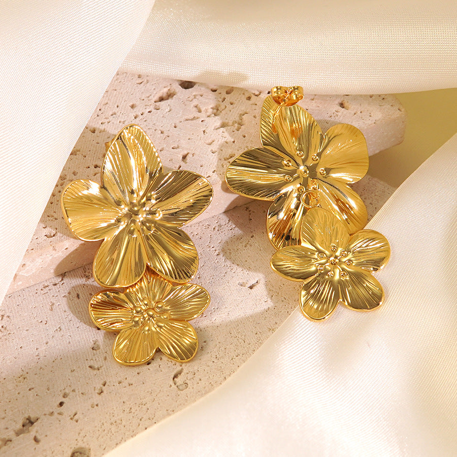 Luxury Elegant Floral Plated Stainless Steel Flower Earrings for Women