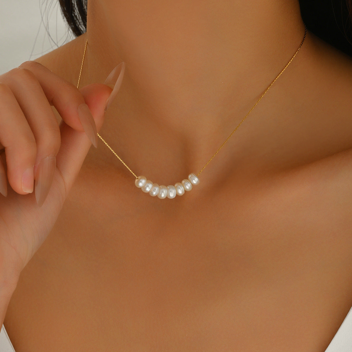 Collana Lunga con Ciondolo Geometrico con Intarsio di Perle d'Acqua Dolce in Rame per Donna, alla Moda Minimalista