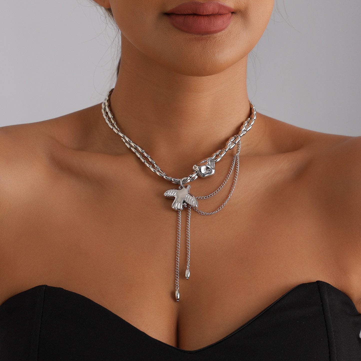 Sweet Streetwear Geometric Alloy Plated Pendant Necklace with Tassel Double Layer Beaded Design for Women