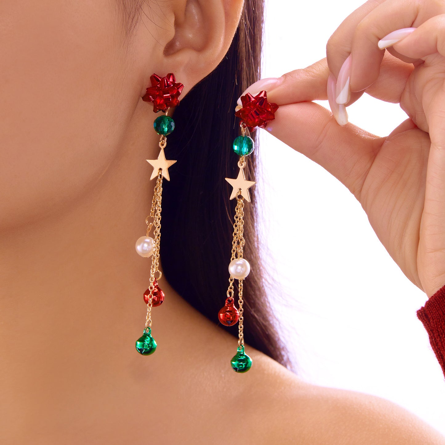 Christmas-Themed Women's Alloy Earrings with Snowflake and Santa Motifs, Rhinestone-Set, Cartoon Character Design, Tassel and Bell Accents