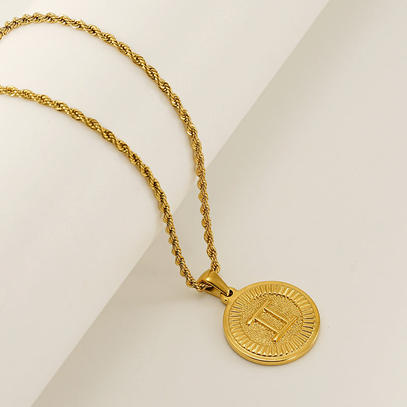 Vintage 18K Gold Plated Round Zodiac Pendant Titanium Steel Rope Chain Necklace Unisex