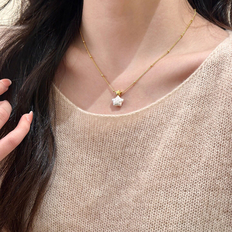 Collana minimalista placcata oro a forma di stella con perla, da donna, con design a catena per clavicola