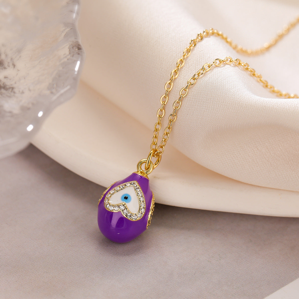 Minimalist Geometric Evil Eye Pendant Necklace with Copper Base Plated in 18K Gold and Enamel Finish, Zircon Inlay