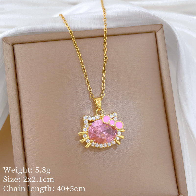 Sweet Minimalist Animal Shape Brass Pendant with Cubic Zirconia Inlay Titanium Steel Necklace for Unisex