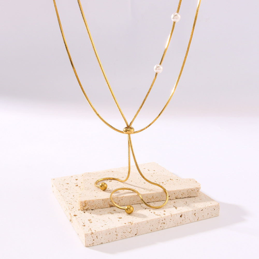 Minimalist Double-Layer Stainless Steel Necklace with 18K Gold-Plated Round Pendant and Adjustable Pearl Accent on O-Chain