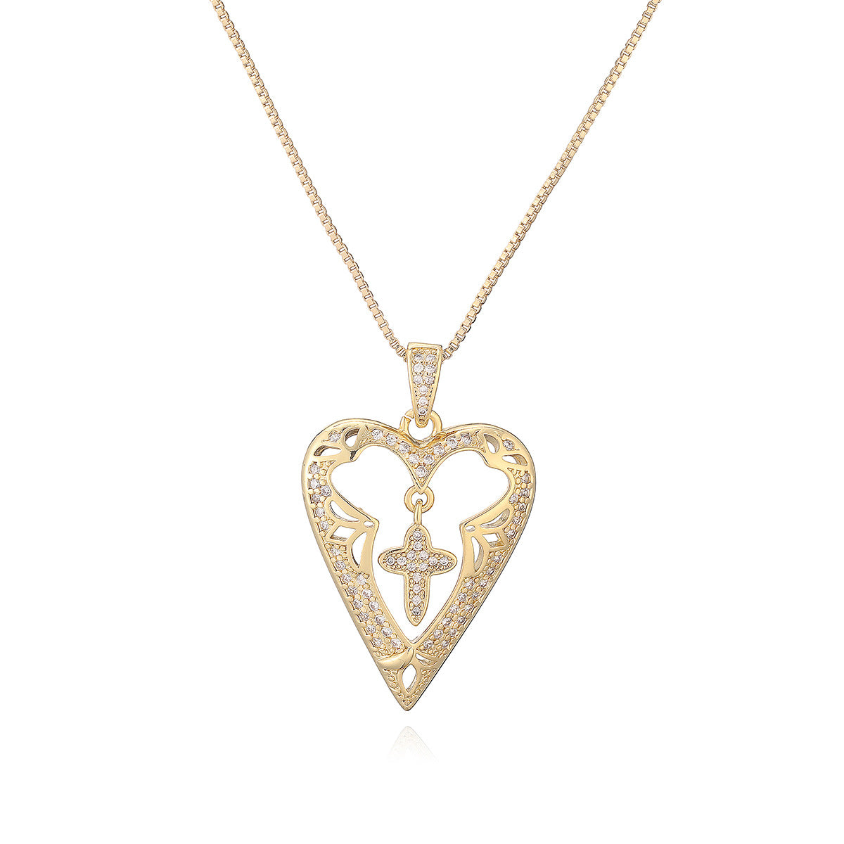 Minimalist 18K Gold Plated Brass Cross Heart Pendant Necklace with Cubic Zirconia for Women