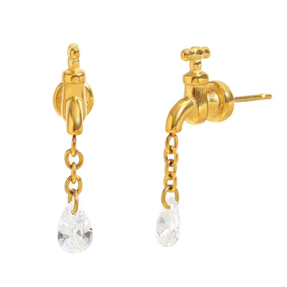 Fashionable Water-Drop-Shaped Stainless Steel Ear Studs with 18K Gold Plating and Faucet-Inspired Design for Women