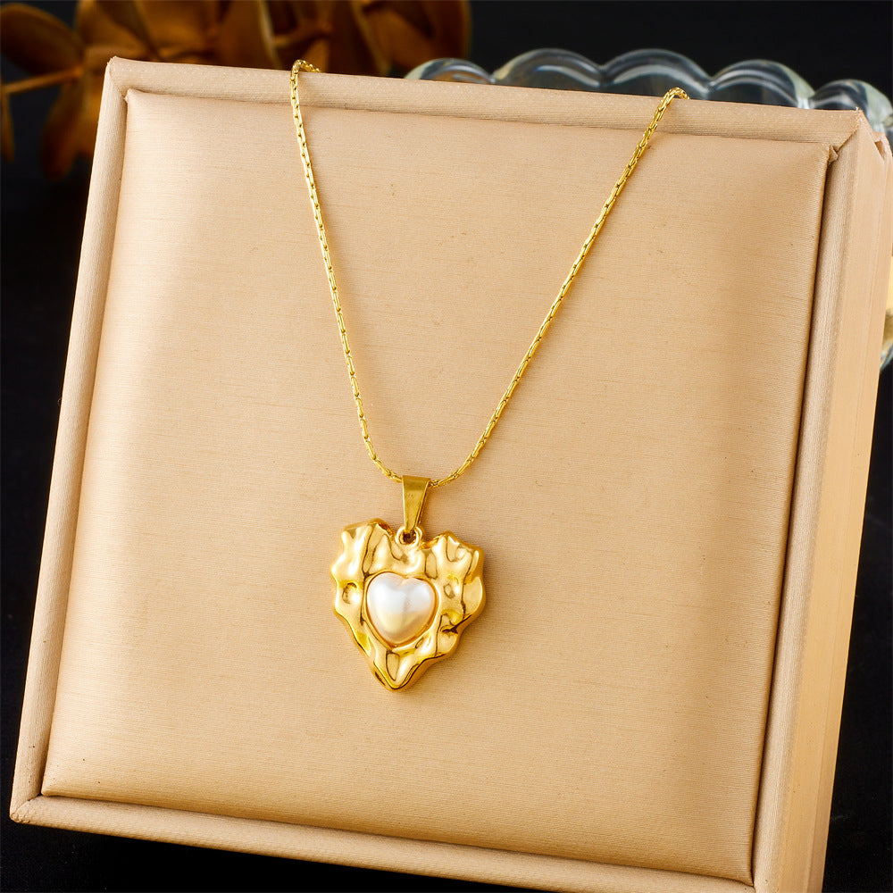 Vintage Gold Plated Heart Teardrop Stainless Steel Necklace and Earring Set with Turquoise and Pearl on Snake Chain for Women