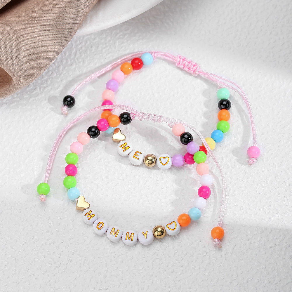 Candy Color Drip Oil Acrylic Heart and Letter Beaded Bracelet for Mother and Daughter
