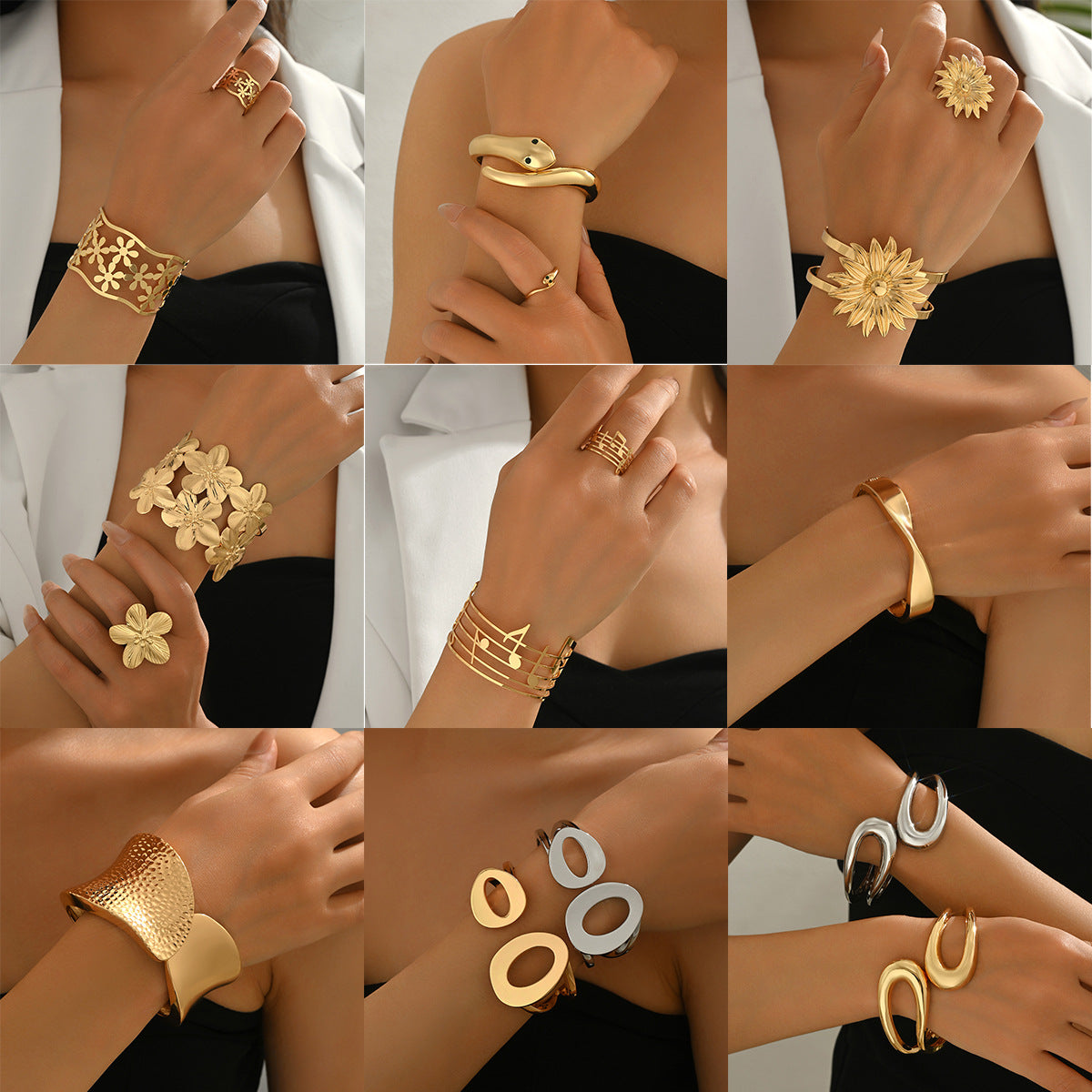 Conjunto de pulsera y anillo geométricos de moda en aleación de zinc con acabado chapado para un estilo versátil