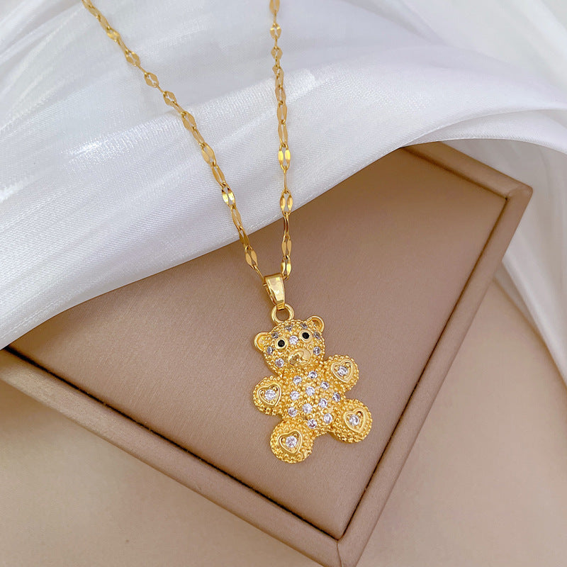 Minimalist Bear Pendant Necklace in Titanium Steel with Full Rhinestone Inlay, Dainty Clavicle Chain for Women