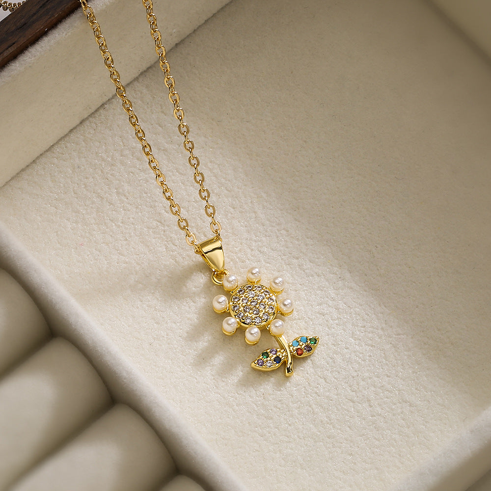 Minimalist Sunflower Pendant Necklace for Women with Copper Base Plated in 18K Gold, Zircon and Pearl Inlay, Floral Geometric Design