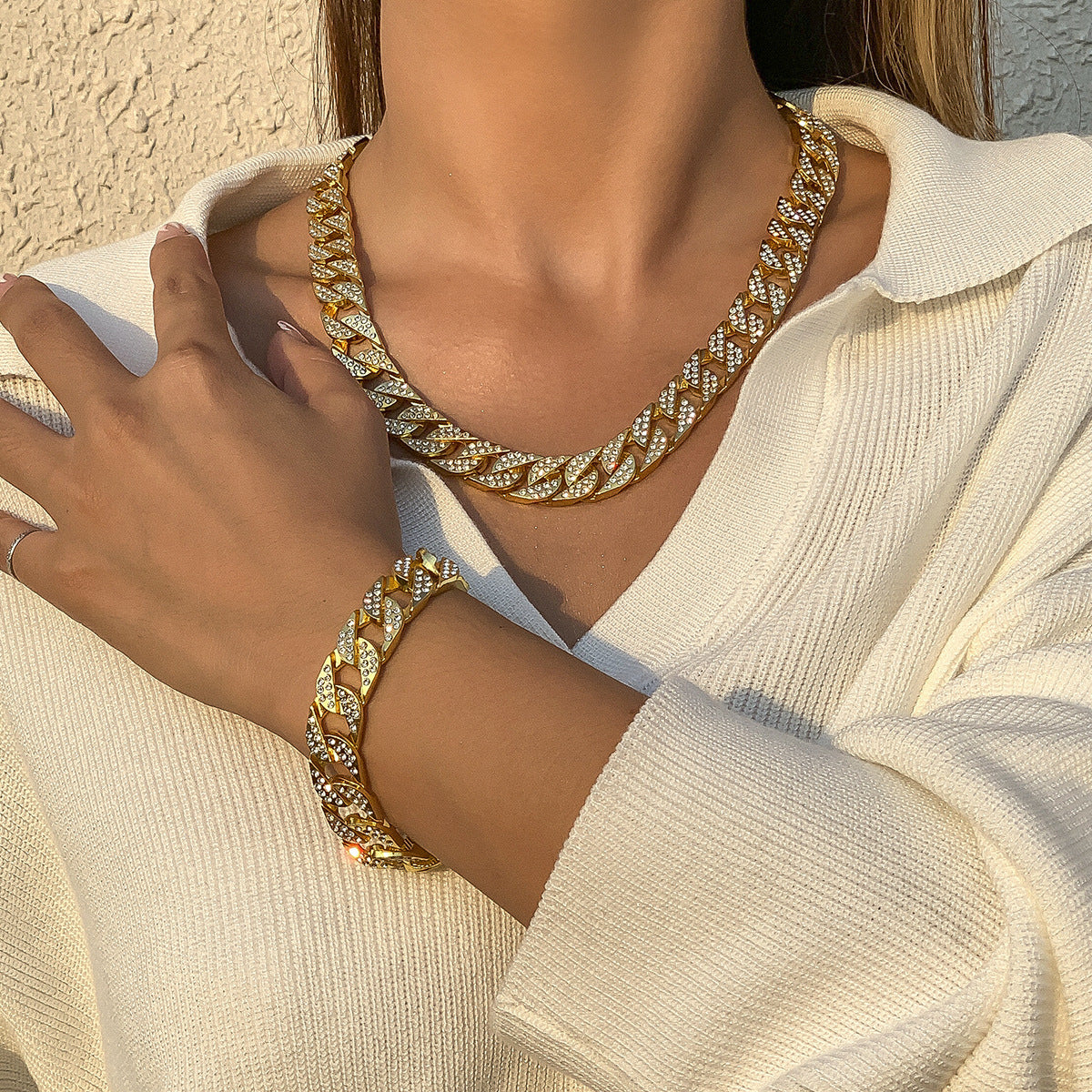 Minimalist Geometric Hollow Metal Pendant Necklace for Women with Rhinestone Inlay and Plated Finish on Cuban Chain