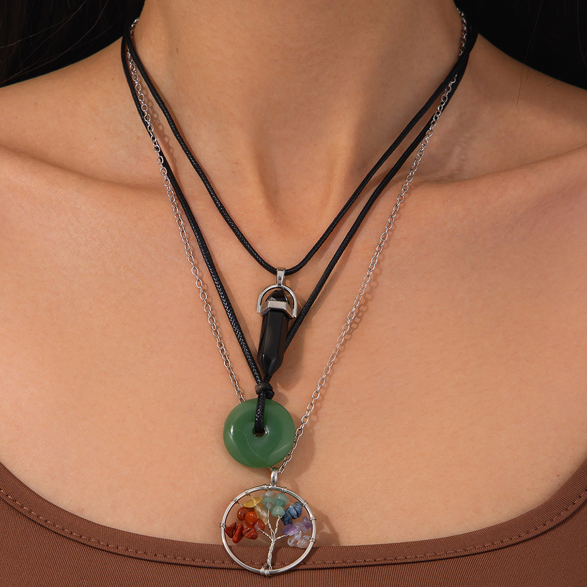Collana con pendente in cristallo geometrico vintage a forma di albero con cordino in pelle cerata e catena a O in lega per donna