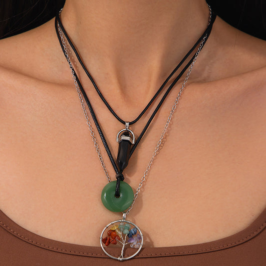 Collana con pendente in cristallo geometrico vintage a forma di albero con cordino in pelle cerata e catena a O in lega per donna