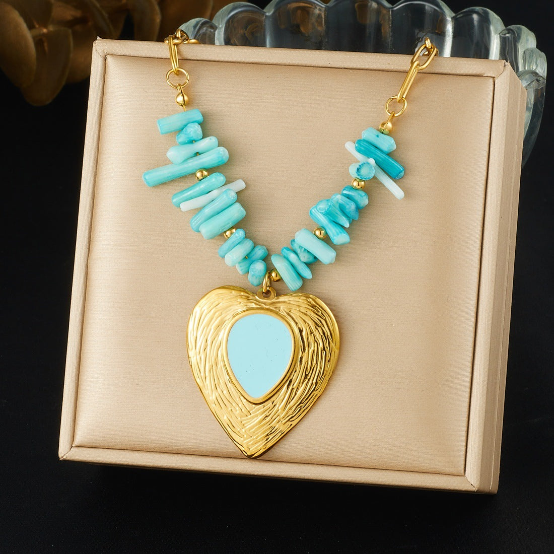 Chic Heart Shaped Gold Plated Drip Oil Stainless Steel Necklace with Blue Stone Beads and Curb Chain