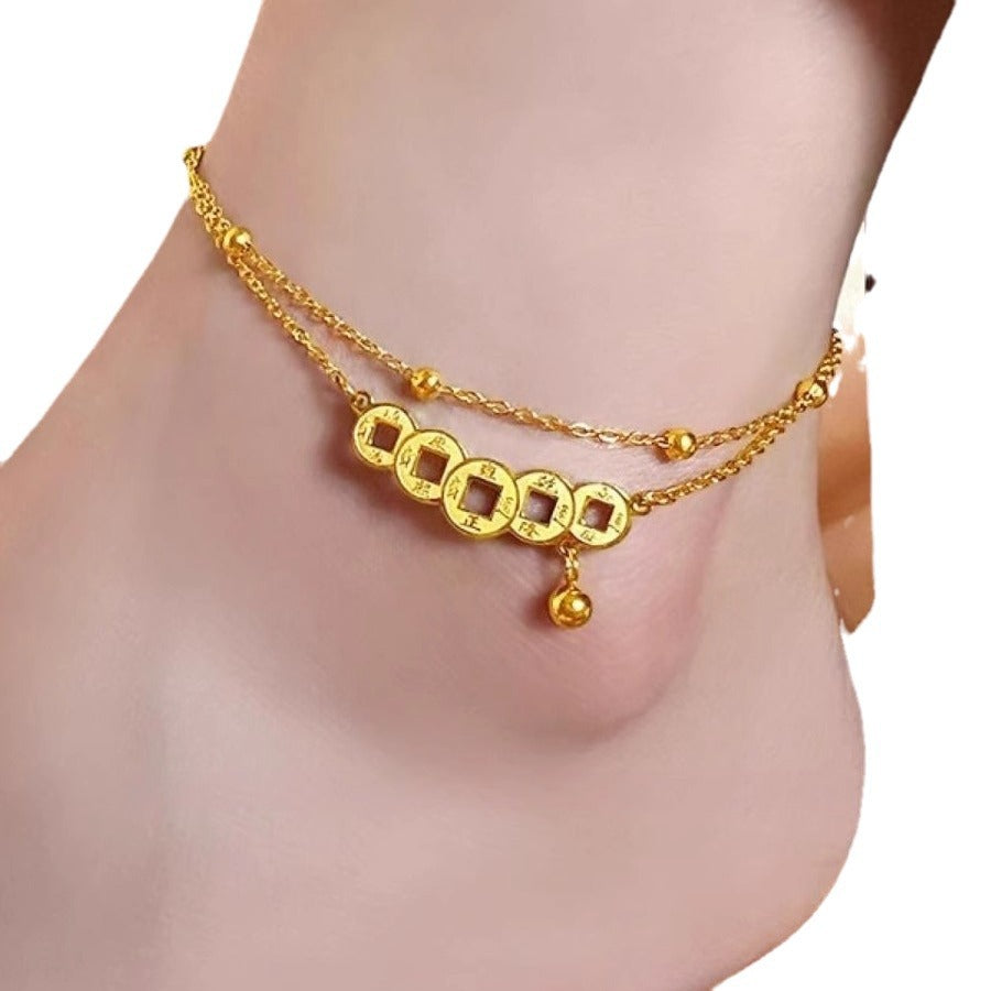 Exotic Geometric Titanium Steel Anklet with Double-Layer Lucky Coin Design for Women and Men