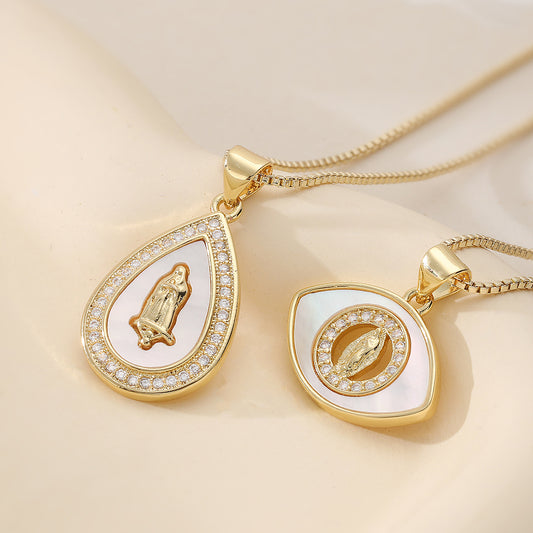 Vintage Minimalist 18K Gold Plated Brass Teardrop Virgin Mary Eye Pendant with Cubic Zirconia and White Mother of Pearl