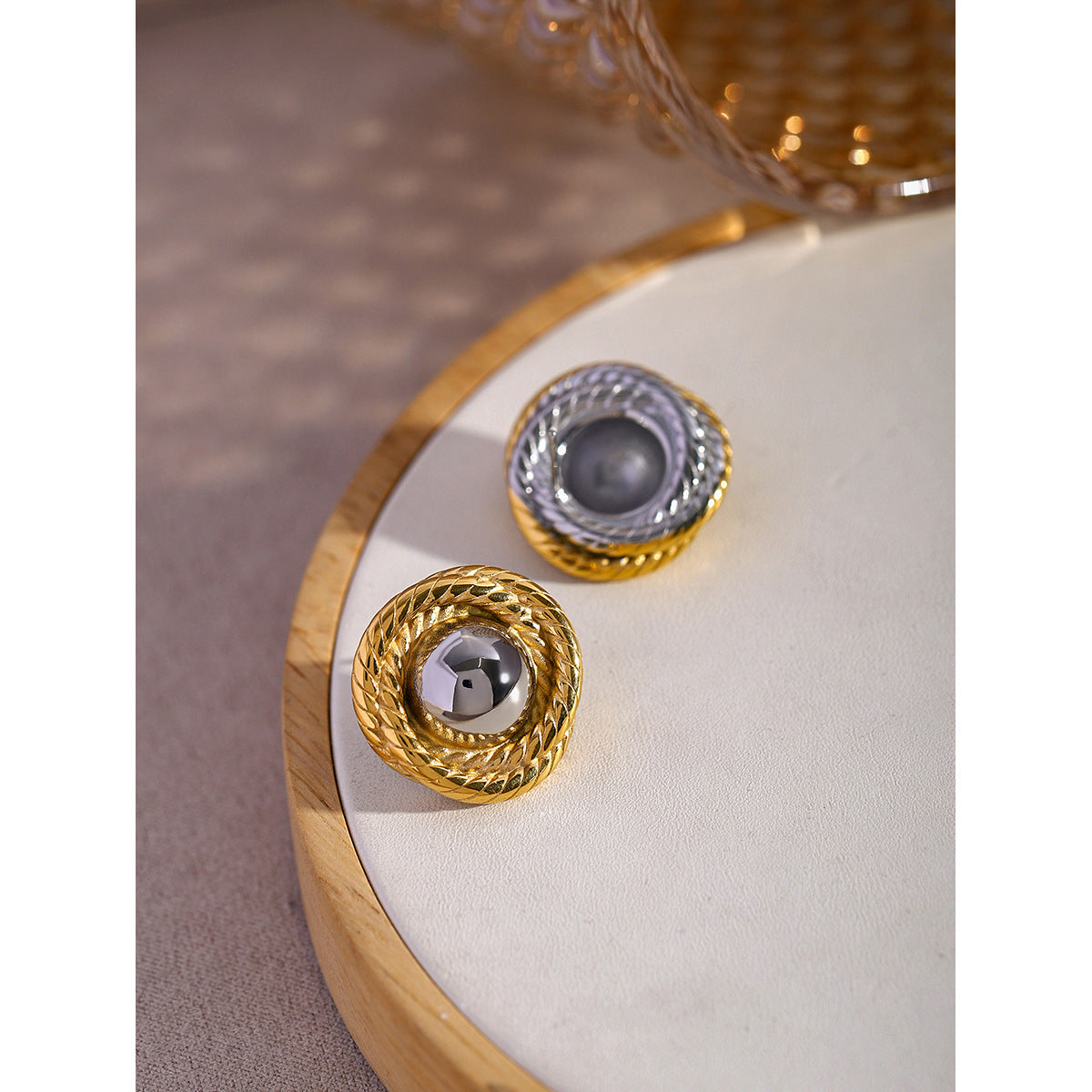 Trendy 18K Gold Plated Stainless Steel Round Threaded Texture Two-Tone Stud Earrings for Women
