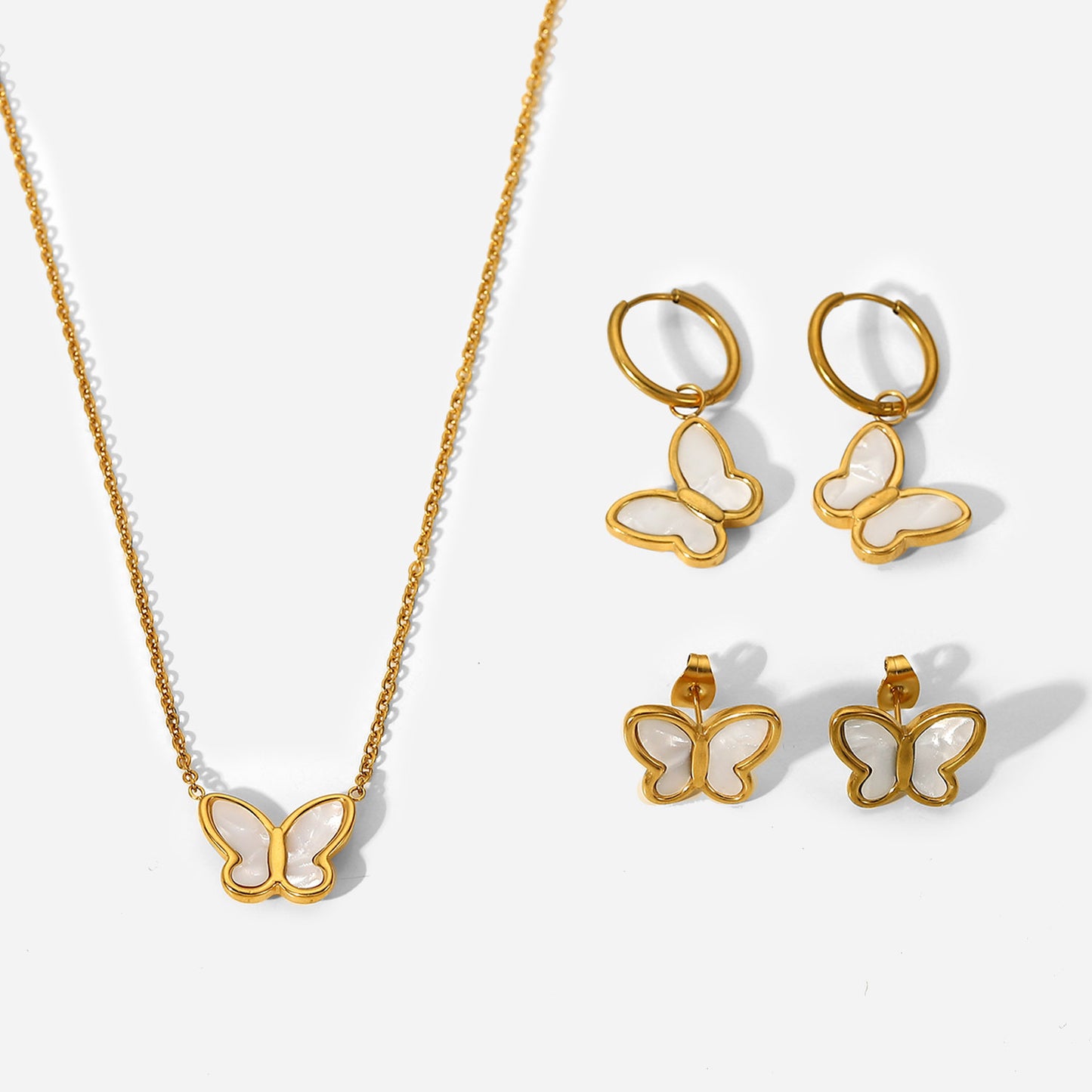 Minimalist Butterfly 18K Gold Plated Stainless Steel Necklace and Earrings Set with Natural White Shell