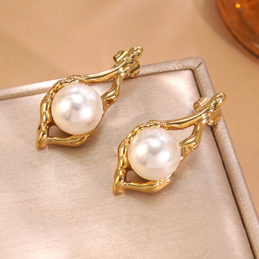 Pendientes de acero inoxidable bañados en perlas redondas con diseño geométrico, elegantes y vintage