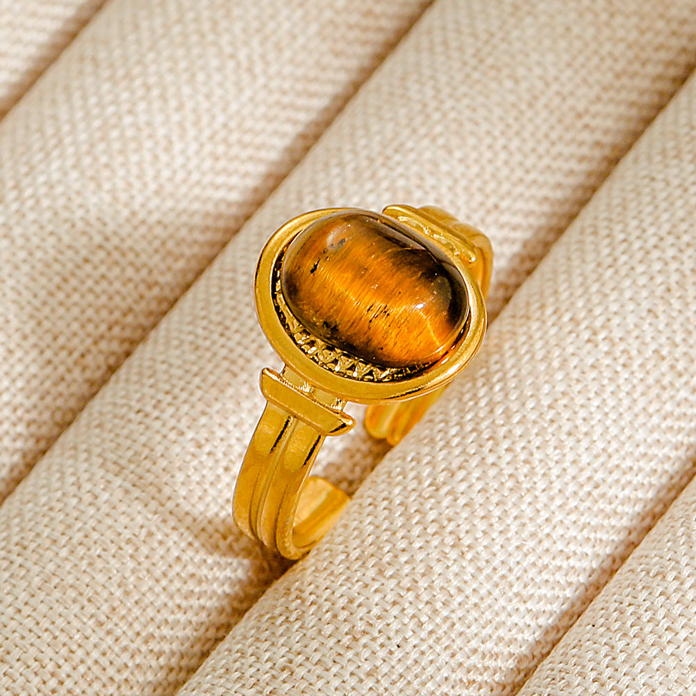 Vintage INS Style Stainless Steel Adjustable Ring with Natural Stone Inlay in Geometric Heart Zodiac and Animal Shapes