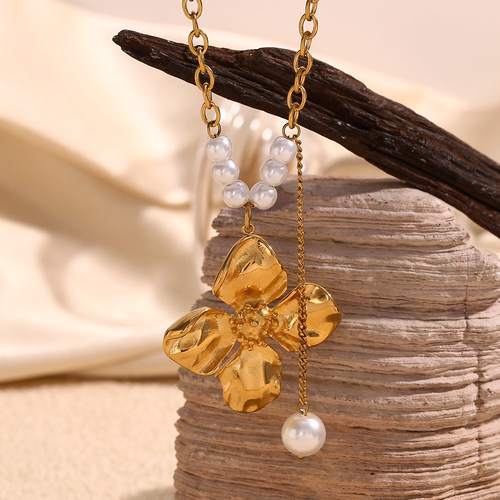 Vintage Floral Geometric Pendant Necklace for Women Stainless Steel with 18K Gold Plating and Simulated Pearl Accents
