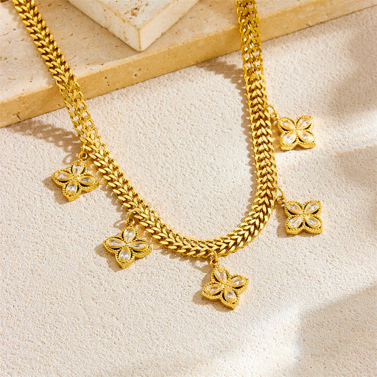 Fashionable Floral Four-Leaf Clover Pendant Necklace in Gold-Plated Stainless Steel with Snake Chain for Women