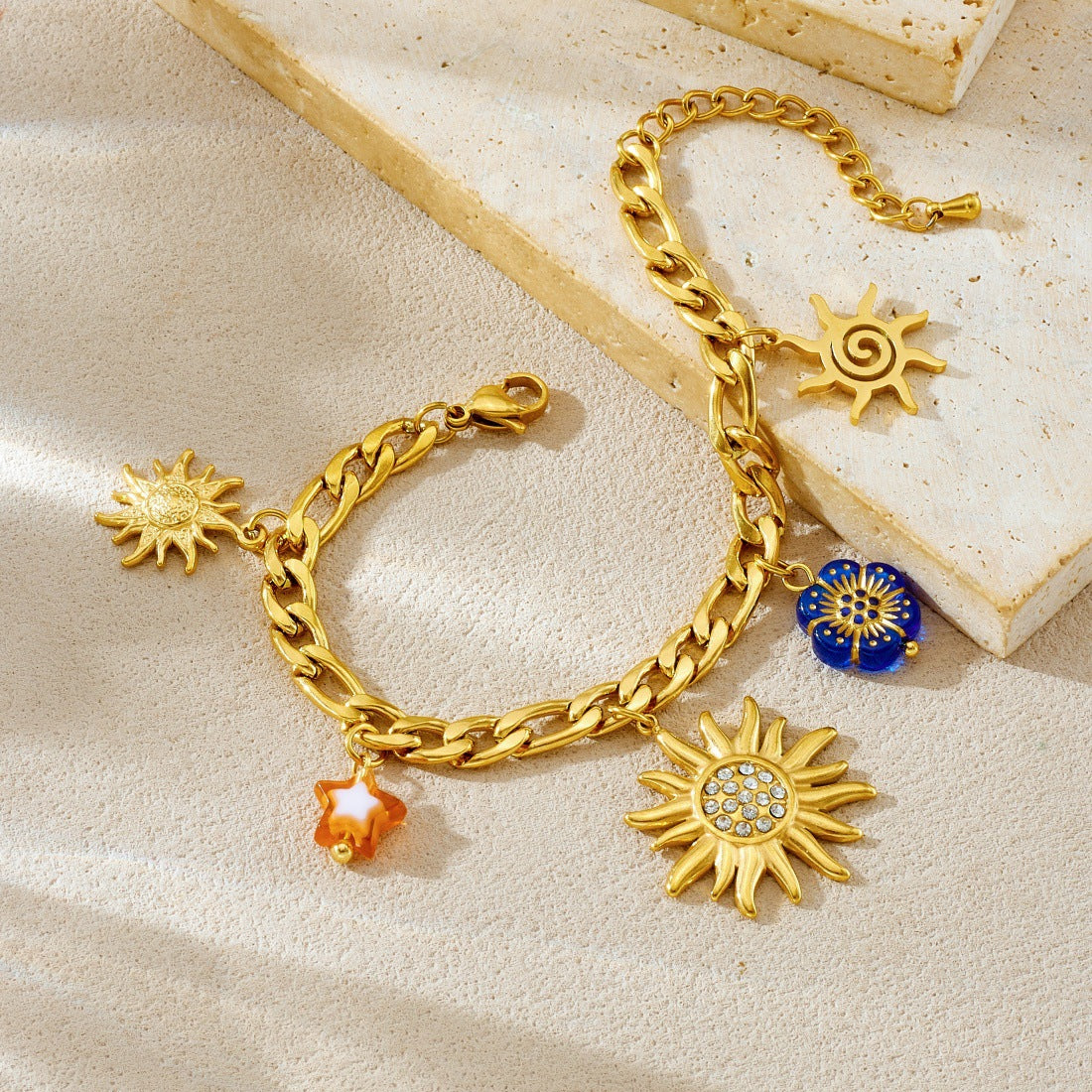 Vintage Elegant Gold Plated Rhinestone Inlaid Stainless Steel and Acrylic Sunflower Pendant Necklace and Bracelet Set for Women
