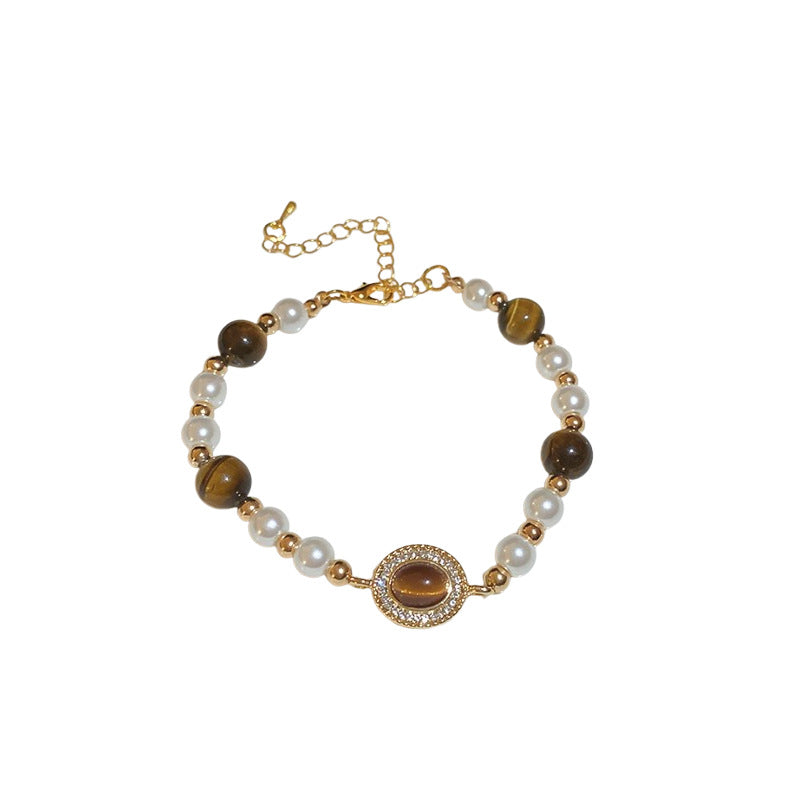 Pulsera de perlas geométricas incrustadas de diamantes de imitación en tono caramelo para mujer, estilo de corte francés vintage, accesorio de moda elegante