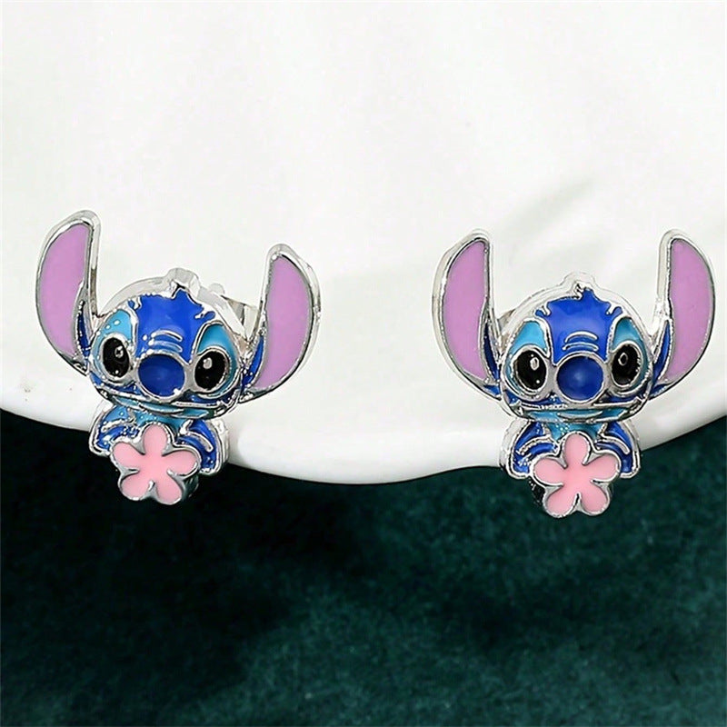 Pendientes de tuerca acrílicos de Stitch de dibujos animados con forma de lazo e incrustaciones de perlas para niños