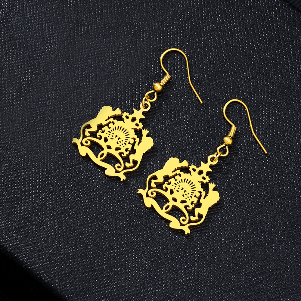 Ethnic Style Lion-Shaped Hollow-Out Gold-Plated Stainless Steel Fishhook Earrings for Women