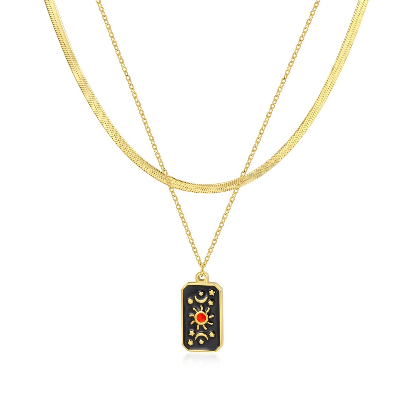 Collana Pendente Tarocchi Vintage a Doppio Strato in Acciaio Inossidabile con Design Divinità Solare Floreale a Ottagramma Sole e Luna su Catena Serpentina
