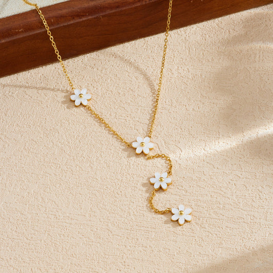 Sweet Gold Plated Stainless Steel Floral Tassel Y-Shape Chain Necklace for Women