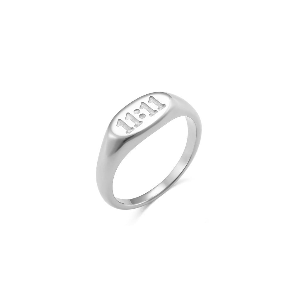 Anillo ovalado de acero inoxidable chapado en oro de 18 quilates minimalista para mujer con diseño numérico 11:11