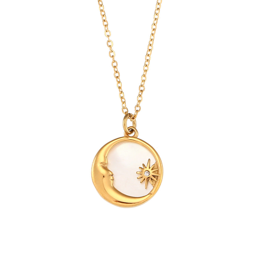 Collar con colgante de luna y estrella de moda minimalista para mujer en acero inoxidable con diseño geométrico y acabado chapado