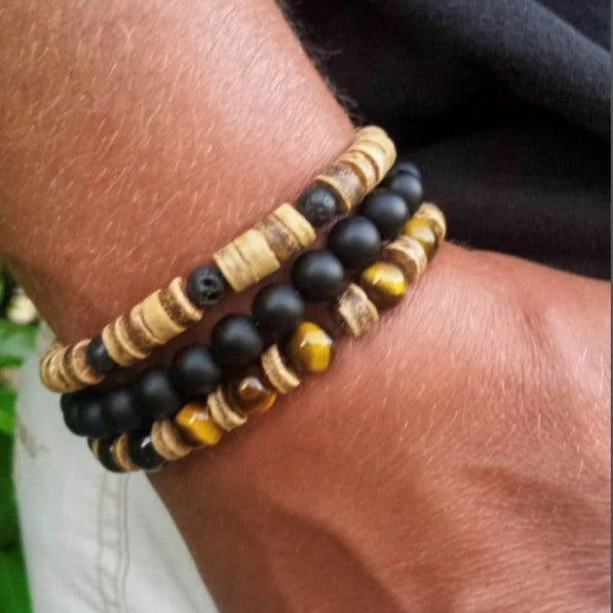 Bracciale elastico da uomo stile vintage con perline in occhio di tigre e legno, design geometrico rotondo