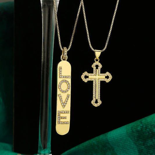 Minimalist Geometric LOVE Pendant Necklace for Women in Copper with Gold Plating and Zircon Inlay