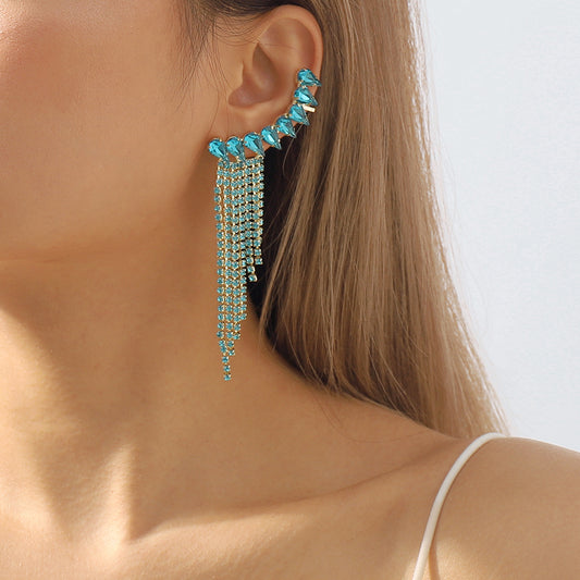Pendientes colgantes geométricos de diamantes de imitación con cadena de garra y postes de acero inoxidable chapado para mujer