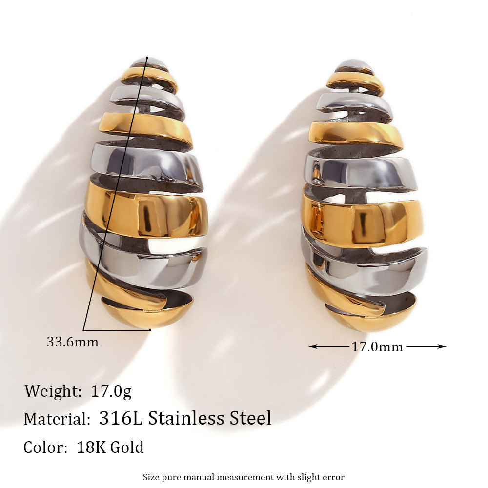 Fashionable Geometric Stainless Steel Threaded Hollow Teardrop Stud Earrings for Women with 18K Gold Plating